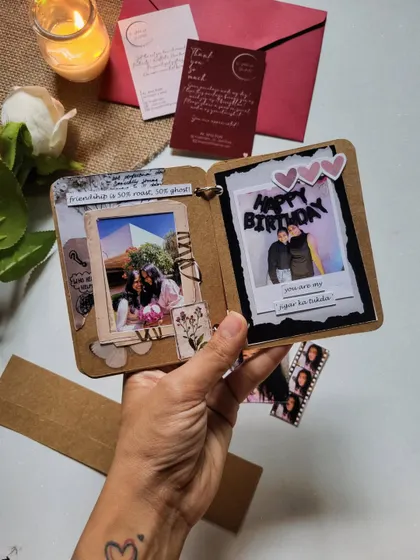 A "Happy Birthday" page from a friendship book. The polaroid-style photo adds a nostalgic touch to this heartfelt, handmade gift.