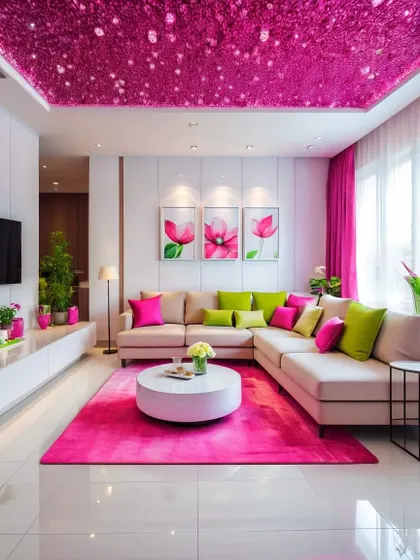 A glamorous living room with a sparkling pink ceiling and matching decor. This design is for clients who want a bold, unique, and playful space.