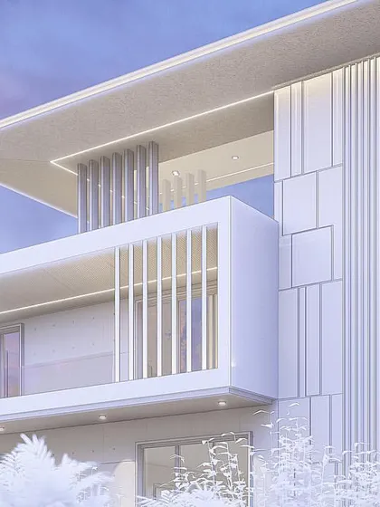 A detailed clay render of the upper floors. This type of visualization is crucial for making design decisions about balconies, louvers, and roof overhangs.
