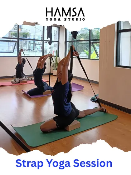 A promotional graphic for our Strap Yoga Session, highlighting how this practice deepens stretches and supports better posture.