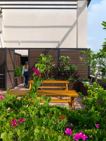 Lush bougainvillea and other plants create a vibrant garden setting on the office terrace. This biophilic element provides a strong connection to nature, proven to reduce stress and improve well-being in a corporate environment.