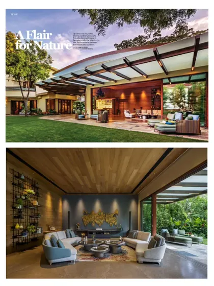 This spread, titled 'A Flair for Nature,' perfectly captures my design ethos. The exterior shot shows the seamless transition from the lawn to the covered patio, while the interior shot highlights the comfortable, sophisticated design of the entertainment lounge.