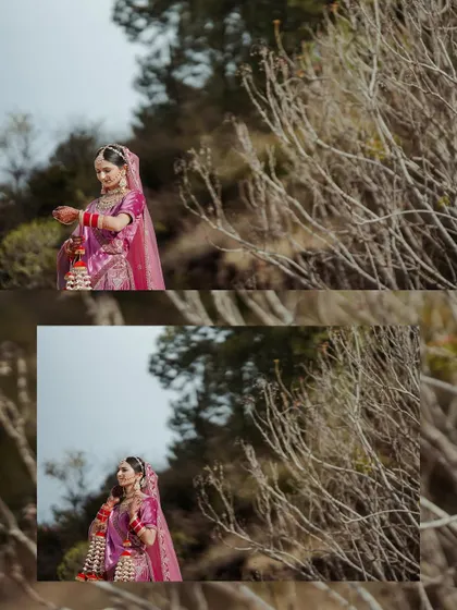 A collage of the bride in a natural, outdoor setting. The focus is on her serene expressions and the beauty of her traditional wedding look.