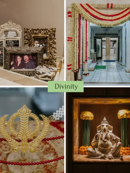 A collage showcasing the divine and personal details of a wedding. From a Ganesha idol for blessings to framed family photos, we incorporate elements that are meaningful to you.