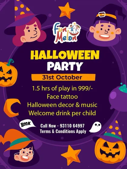 My Halloween party offer, featuring 1.5 hours of play, face paint, and more for a fixed price.