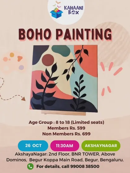 An invitation to our Boho Painting Workshop. We love offering diverse art workshops that allow kids and teens to explore different creative styles.