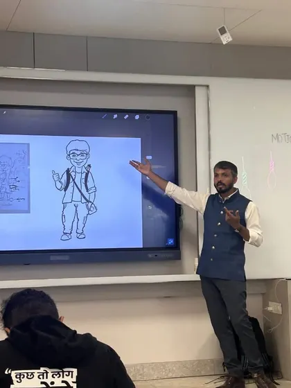 In my hands-on mascot design workshops, I use digital tools to teach character development. This image shows me presenting a complete mascot concept to B.Des students, explaining how each attribute contributes to the character's personality and story.