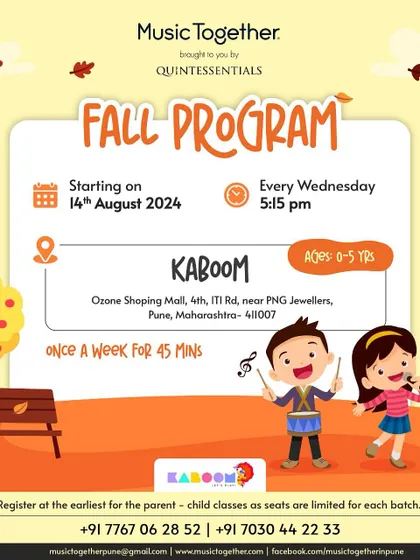 Announcing our Fall Program with Music Together, a parent-child class for ages 0-5. This poster details the weekly schedule for a fun, musical bonding experience.