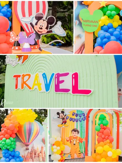 A collage of a Mickey Mouse travel-themed first birthday, showcasing the bright, primary colors and fun travel-related props.