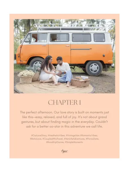 This image acts as 'Chapter 1' of Kunal and Darshita's love story. The text overlay on their picnic scene beautifully explains their philosophy of finding magic in everyday, simple moments.