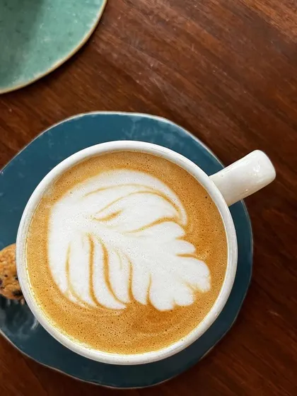 A perfect cup of cappuccino with beautiful latte art. This classic shot is a must-have for any coffee shop, showcasing the quality and craft of their coffee.