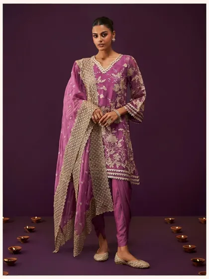 The Sunee Organza Grape Kurta Set is a festive favorite. The rich purple hue is perfect for evening events. Grab it now while it's on sale.