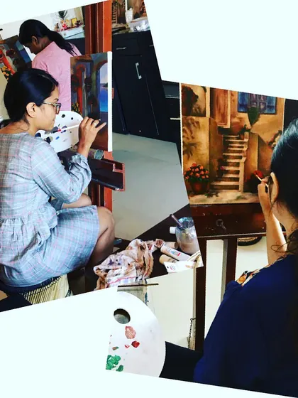 This collage captures the focused and creative atmosphere of my adult painting sessions. Each student is immersed in their own project, finding their unique style while learning foundational art skills in a supportive group setting.