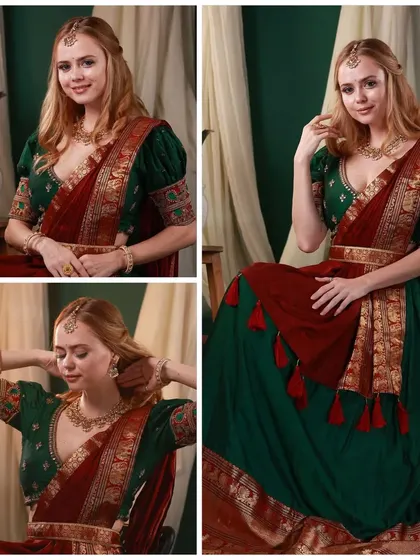 A collage showcasing multiple looks from our South Indian traditional shoot. It highlights the versatility of the styling and the model's graceful poses.