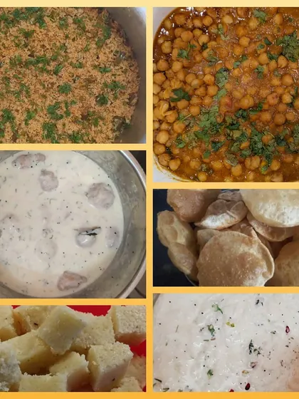 A customized lunch spread for a friends' meet-up. This meal featured Vangibath, Chana Masala, Poori, Dahi Vada, and Coconut Burfi.