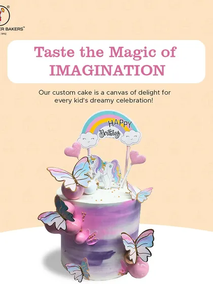 Taste the magic of imagination with this enchanting unicorn and butterfly cake. The purple and pink ombre frosting, combined with a rainbow topper, creates a truly magical centerpiece for a fantasy-themed party.