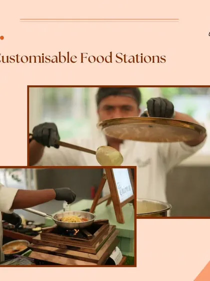We offer customizable food stations to suit your event theme. This collage shows our chefs in action at live counters, preparing dishes like fresh pasta and traditional Indian cuisine.