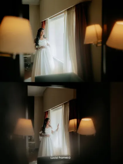 A diptych of the bride looking out the window in anticipation, framed by the lamps in her room.