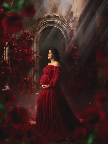 Looking up towards a beam of light, this portrait is full of hope and anticipation. The dramatic lighting and floral setting make this a powerful and artistic maternity photo.