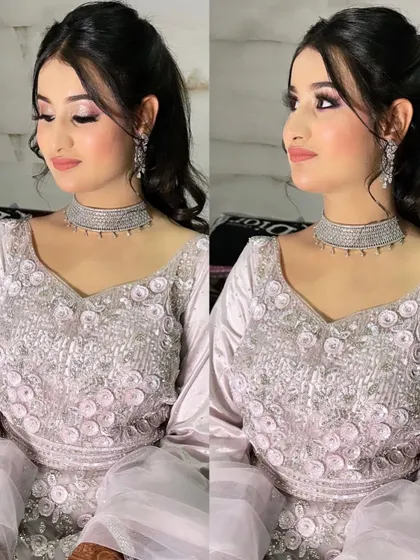 Two angles to show off this perfect cocktail glam look. The side profile highlights the soft hairstyle and the beautiful shimmer on the eyelids. It’s all about the details.