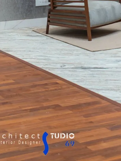 A collection of detail shots from "The White House" project, focusing on material interplay: artistic light fixtures on concrete walls, elegant mirrors, and the transition between wood and patterned flooring.