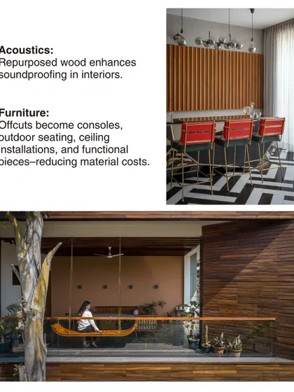 We explore ways to give waste wood a second life. This collage shows how repurposed wood can be used for acoustic paneling in a bar or for outdoor seating, reducing costs and creating purposeful design.