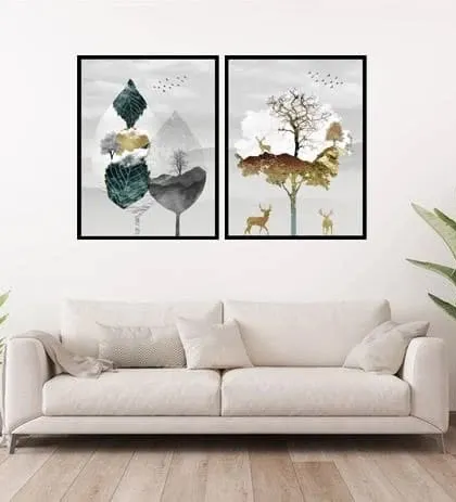This set of two framed prints offers a beautiful and eternal natural stage setting. Featuring abstract trees and deer, this artwork brings a touch of serene, artistic nature into your home.