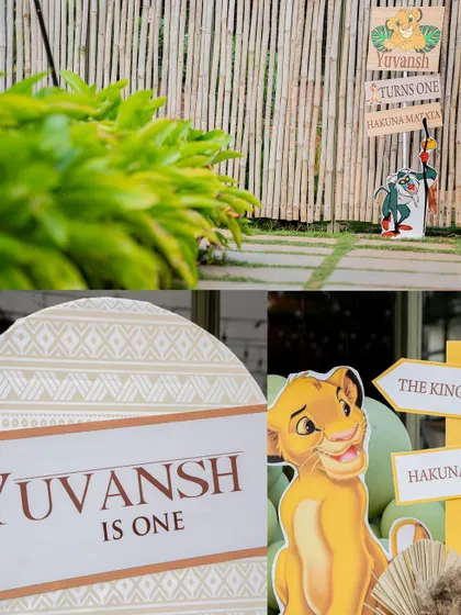 Personalizing the journey from the very beginning. This collage shows the custom "Hakuna Matata" signage and direction boards we created for a Lion King themed first birthday.