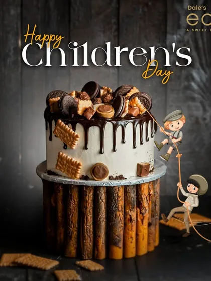 A fun and creative cake for Children's Day, featuring a drip cake with cookies and biscuits, and little explorer figurines climbing it.