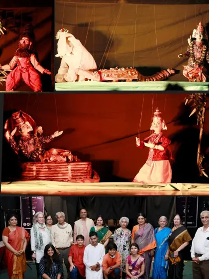 More glimpses from the 2023 festival, showcasing a dramatic scene from a string puppet play and our team with guests on stage.