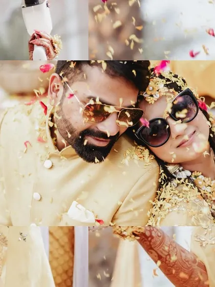 A collage capturing the essence of a fun Haldi ceremony, from couple portraits to playful moments with sunglasses.