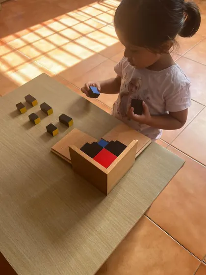 A child works with the trinomial cube, a sensorial puzzle that is an indirect preparation for algebra. The child learns to recognize patterns and relationships through this complex and beautiful material.