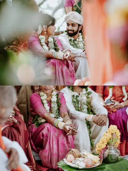 A diptych of the couple seated at the mandap, capturing their quiet connection amidst the rituals.