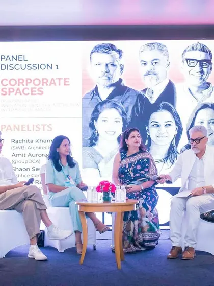 Our Director, Shaon Sengupta, on a panel at the Delhi Design Conclave 2025, discussing the evolving dynamics of corporate spaces. She shared insights on how workplace design is becoming more agile and human-centric.