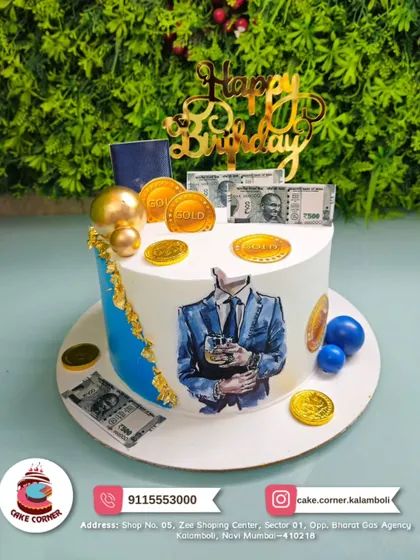 A "Boss" cake for the man who has it all. Decorated with edible money, gold coins, and a stylish suit, it's a cake that means business.