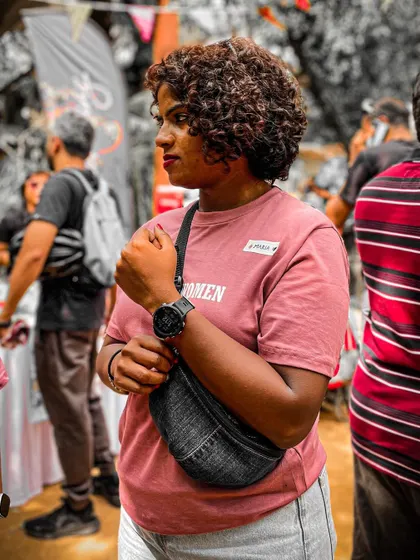 A volunteer looking sharp in her SpokesWomen tee, keeping an eye on the event proceedings.