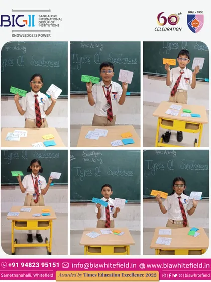 Our Grade 3 and 4 students engage in a hands-on English grammar activity, using colorful cards to learn about sentence types, punctuation, and tenses in a fun, interactive way.