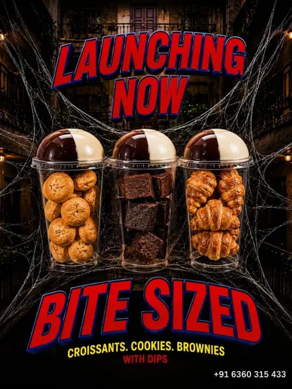 Mini croissants, cookies and brownies sit in cups with dips in our Bite-Sized Collection launch design.