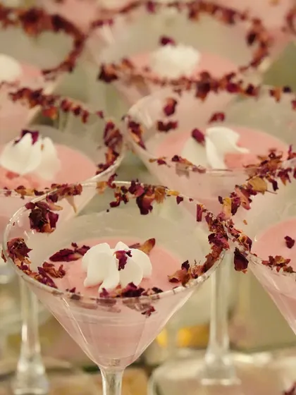 Elegant rose-flavoured panna cotta served in martini glasses and garnished with dried rose petals. This dessert is as beautiful to look at as it is to eat, offering a delicate and aromatic flavour.