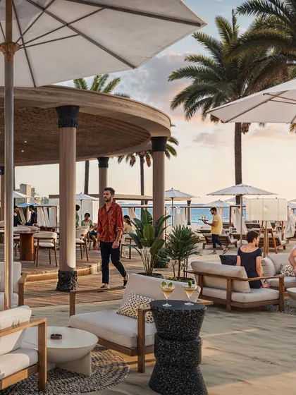 A rendering of the seating area at the Fairmont Hotel's beach club. The image is populated with people to show the space in use, creating a lively and inviting social atmosphere.
