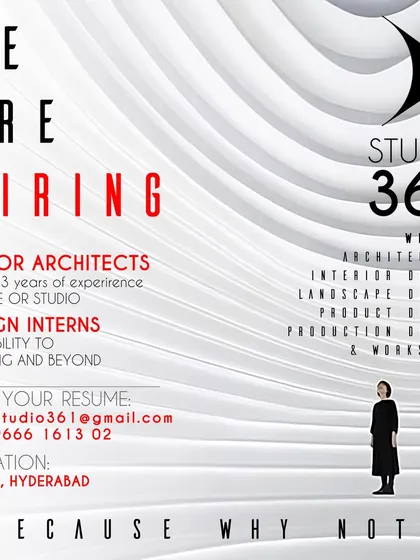 Studio 361 in Hyderabad is seeking Junior Architects with 0-2 years of experience for on-site or studio roles, emphasizing the ability to think big.