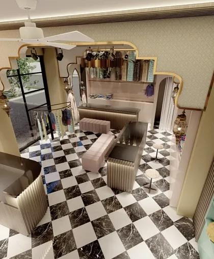 An overhead 3D view of the boutique layout. This helps the client understand the customer flow, the placement of racks and counters, and the overall use of space before construction begins.