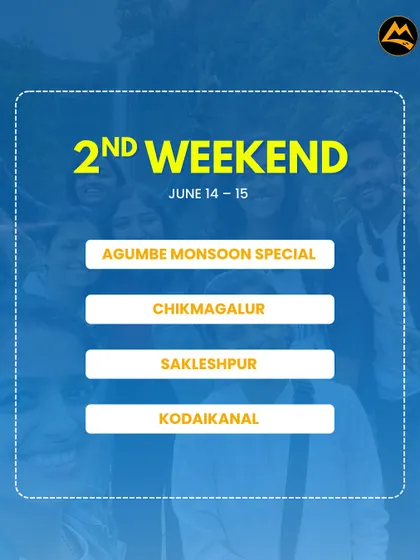 Our schedule for the 2nd weekend of June. Join us for the Agumbe monsoon special or trips to Chikmagalur, Sakleshpur, and Kodaikanal.