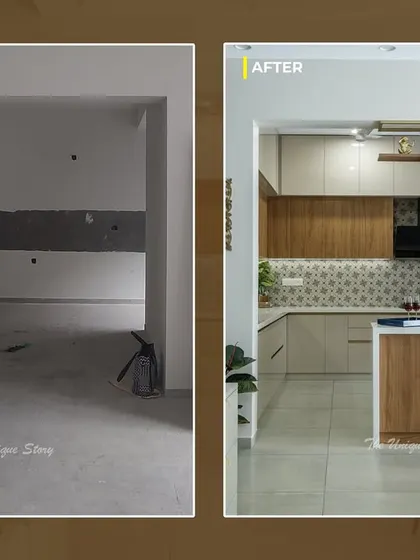 Our turnkey process transforms empty shells into dream homes. This before-and-after of a kitchen project shows our journey from a bare construction site to a fully realized modern kitchen with custom cabinetry, an elegant backsplash, and a functional breakfast island.