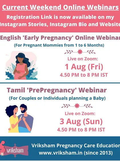 Our August online webinars are open for registration! Whether you are planning a baby or are in your first trimester, there is a session for you. Join me live on Zoom.