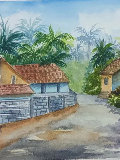 A watercolour painting of a quiet village scene in Kerala. This piece captures the lush greenery and unique architecture of the region, focusing on light and shadow.