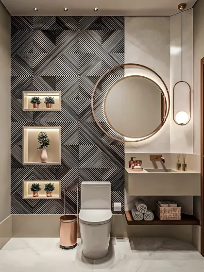 A powder room that makes a statement with a bold geometric-patterned accent wall. The backlit round mirror and rose gold fixtures add a touch of elegance and glamour.