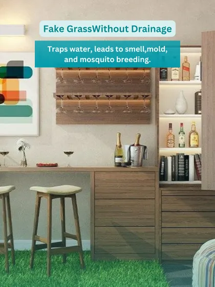 Another balcony mistake to avoid: using fake grass without proper drainage, which can lead to mold, smell, and mosquitoes. This image shows a stylish balcony bar setup instead.