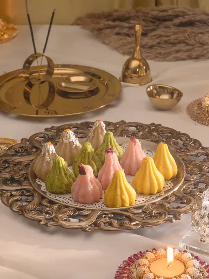 The beauty of Indian festivals is in the details. Here is a platter of my assorted handcrafted modaks, made with the finest ingredients in flavours like pistachio, rose, and saffron for Ganesh Chaturthi celebrations.