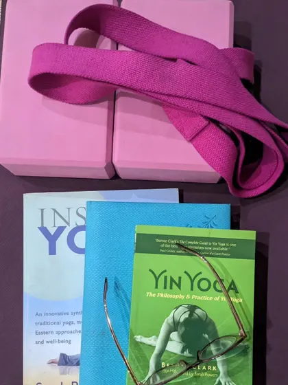 Getting ready to dive deep into the quiet practice of Yin. These are some of the essential tools for my Yin Yoga Teacher Training, where we learn the philosophy and practice of this meditative style.